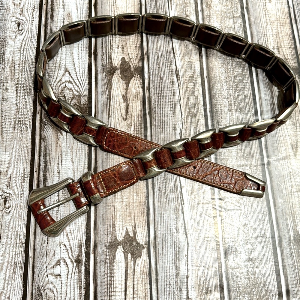 Vintage Leather Brown Unique Silvertone Embellished Woven Heavy Belt